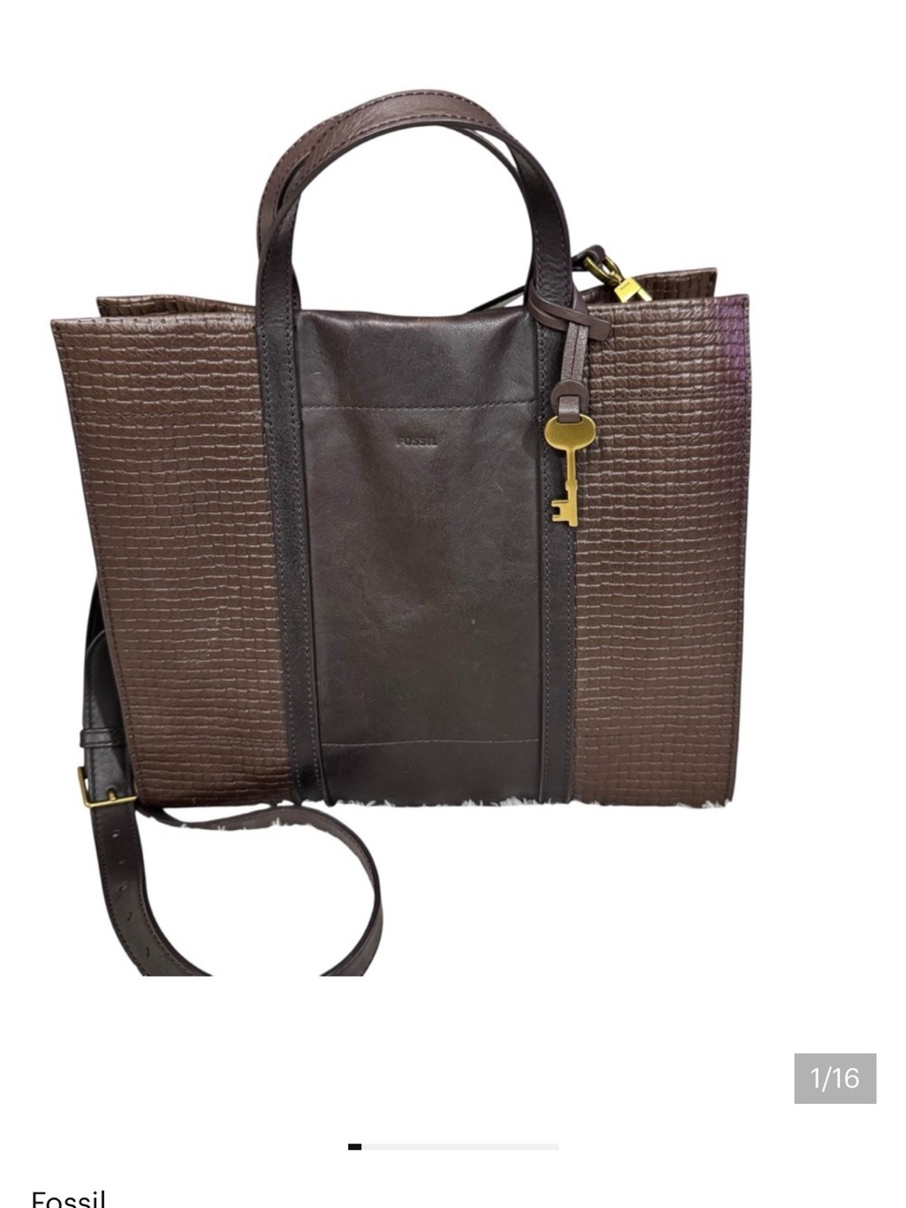 Fossil Carmen Shopper Bag Handbag Tote Satchel Purse Crossbody Brown Leather Key